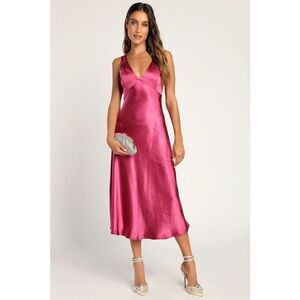 Lulus Incredible Love Magenta Satin Cowl Back Midi Slip Dress Size XS NWT